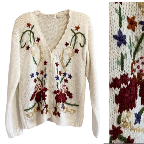 Vintage Cardigan Sweater Twee Floral Embroidered Long Sleeve Knit Art Teacher - Picture 14 of 14